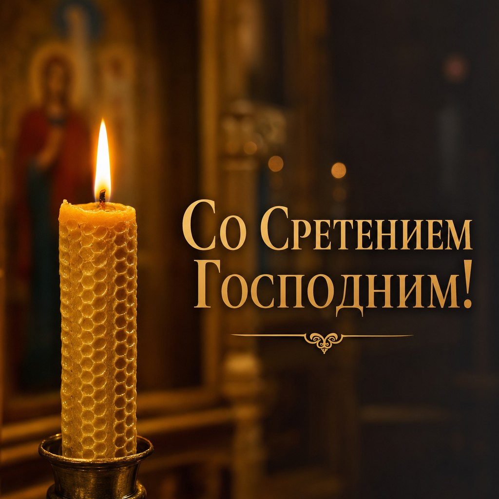 Тёплая православная открытка на Сретение Господне с зажжённой свечой в храмовой атмосфере.