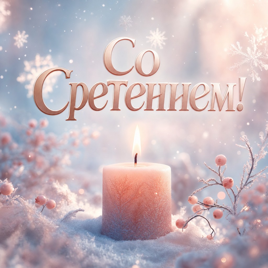 Нежная пастельная открытка на Сретение Господне со свечой, снегом и тихим зимним светом.