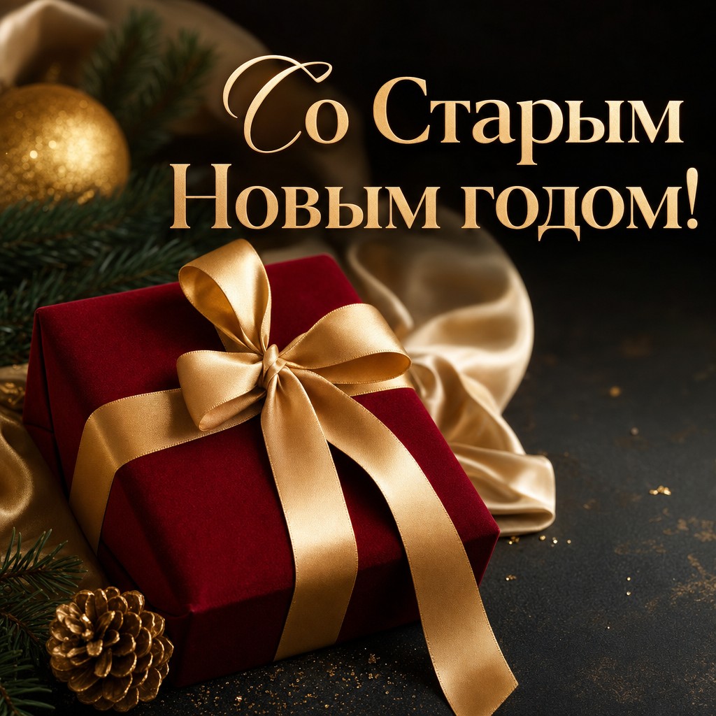 Роскошная открытка на Старый Новый год с бархатной подарочной коробкой и золотой лентой.