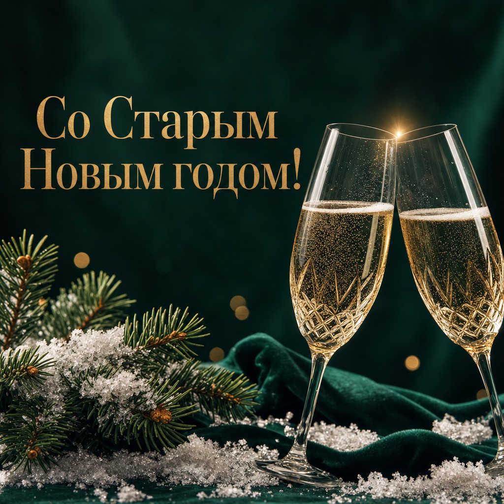 Премиальная открытка на Старый Новый год с бокалами шампанского, еловой веткой и золотым сиянием.