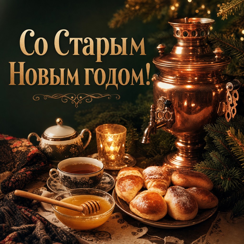 Уютная открытка на Старый Новый год с самоваром, сладостями и теплым зимним светом.