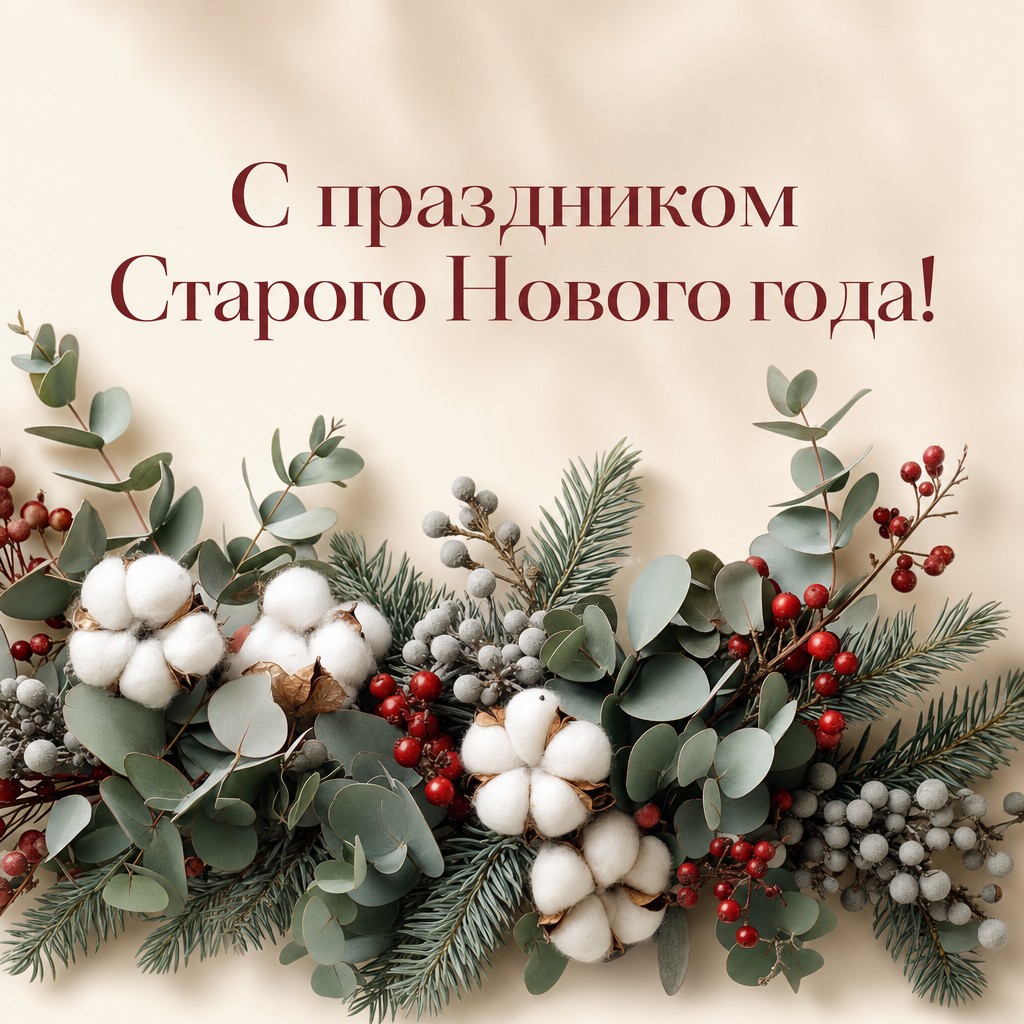 Элегантная открытка на Старый Новый год с зимним букетом из хлопка, эвкалипта и ягод.