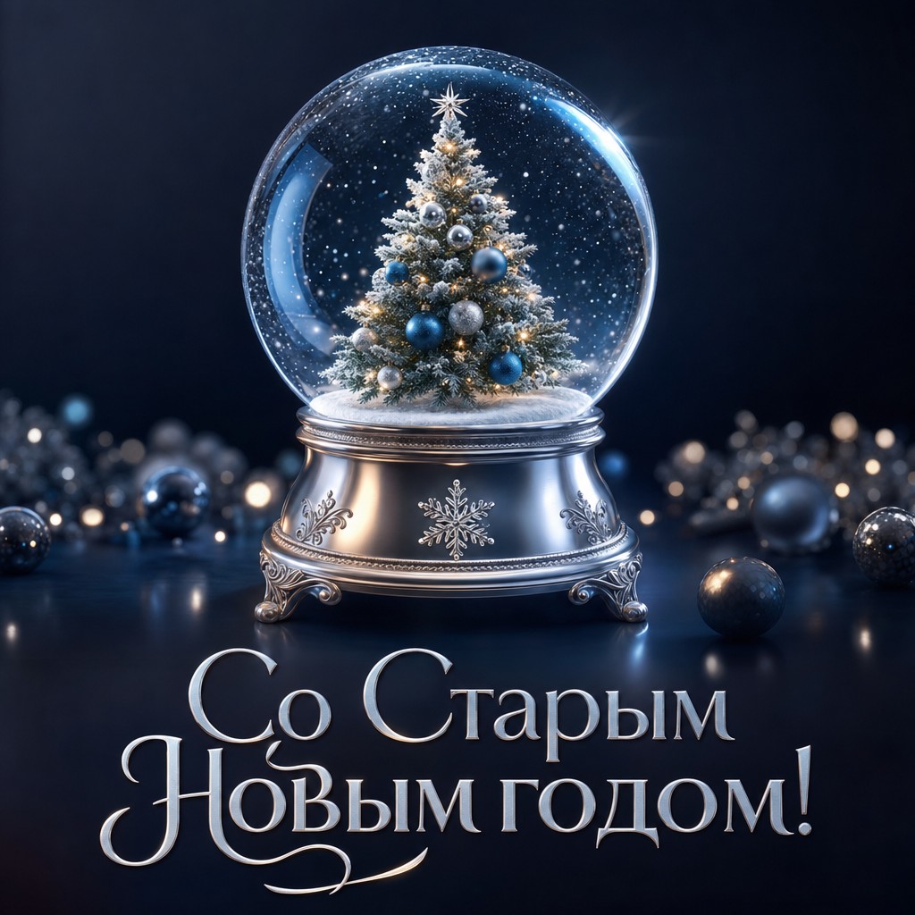 Волшебная открытка на Старый Новый год со снежным шаром, елкой и серебряным зимним сиянием.