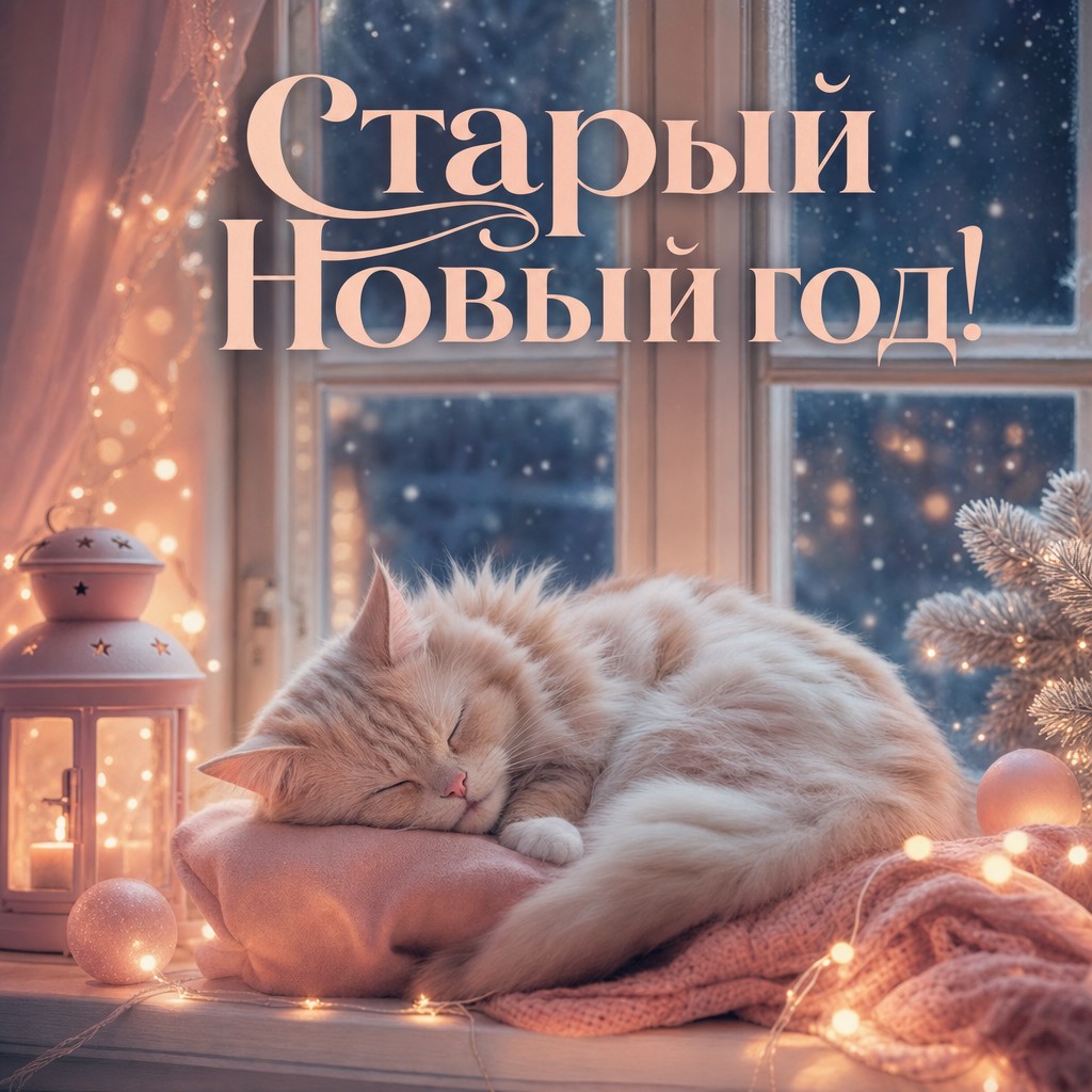 Нежная открытка на Старый Новый год со спящим котом, огоньками гирлянды и зимним окном.