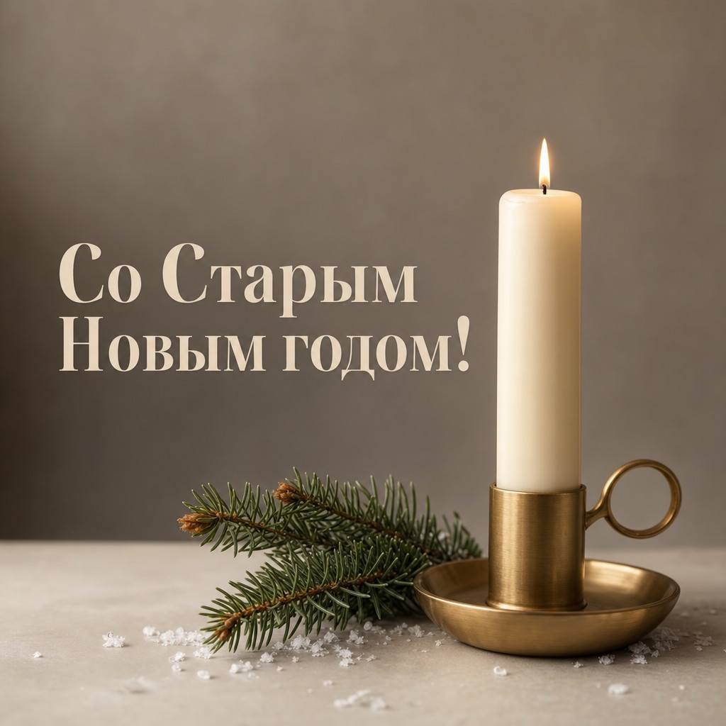Спокойная премиальная открытка на Старый Новый год со свечой, хвоей и теплой минималистичной палитрой.