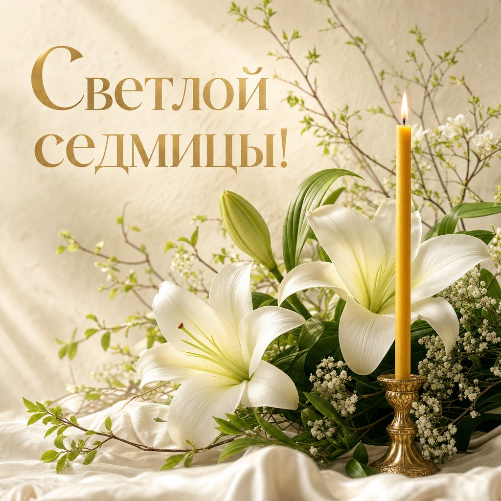 Нежная открытка на Светлую седмицу с белыми лилиями, свечой и спокойной весенней атмосферой.