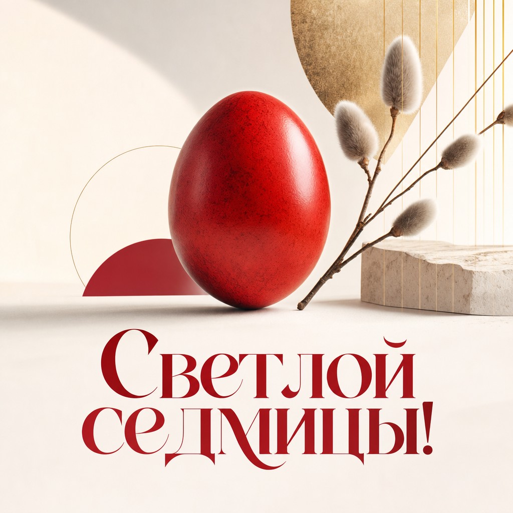 Современная открытка на Светлую седмицу с красным пасхальным яйцом и лаконичной премиальной композицией.