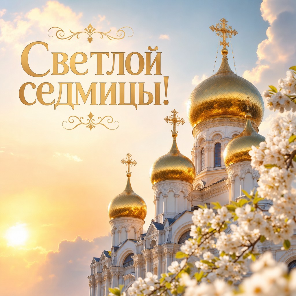 Праздничная открытка на Светлую седмицу с золотыми куполами храма и ясным рассветным небом.
