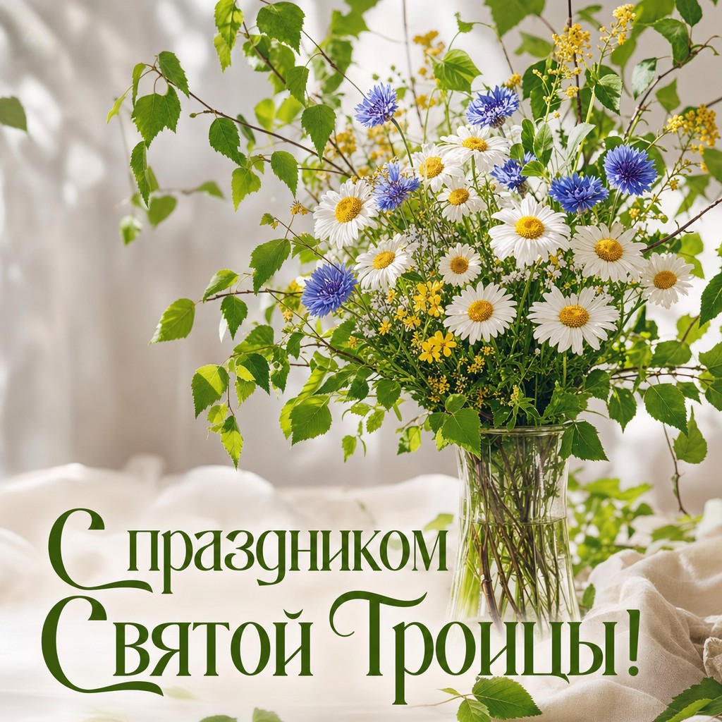 Нежная открытка на Святую Троицу с берёзовым букетом, ромашками и васильками.