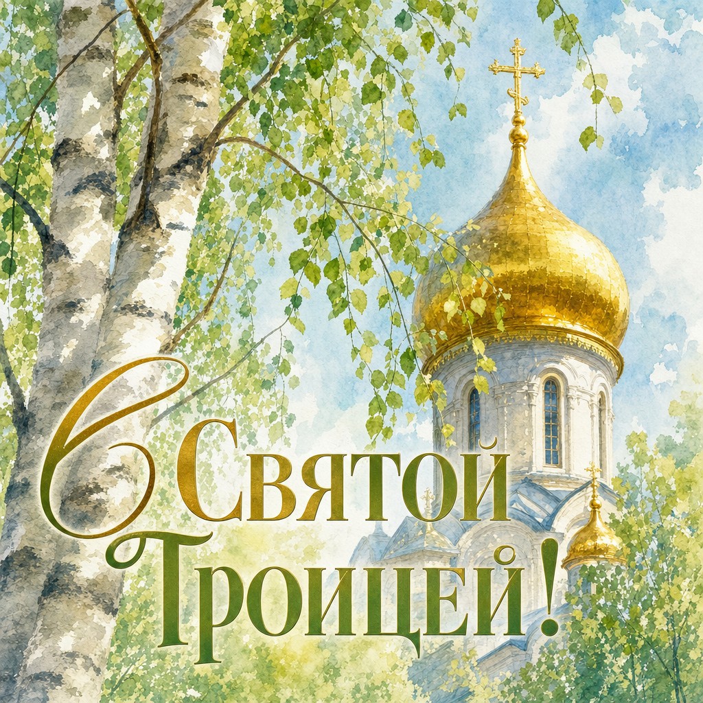 Акварельная открытка на Святую Троицу с золотым церковным куполом и свежими берёзами.