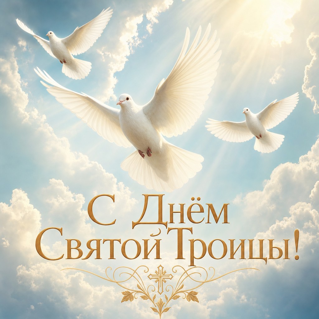 Воздушная открытка на Святую Троицу с тремя белыми голубями, облаками и лучами света.
