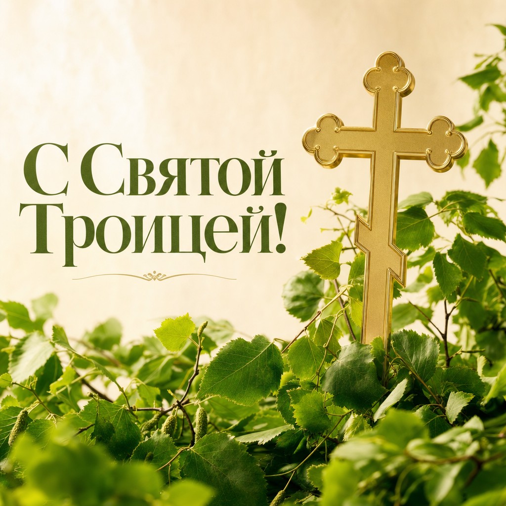 Минималистичная открытка на Святую Троицу с золотым крестом и свежей зеленью.
