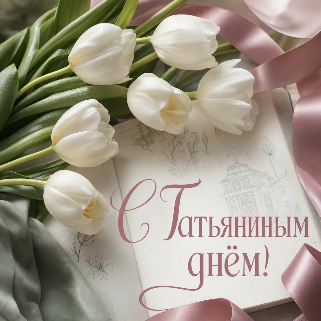Нежная открытка на Татьянин день и День студента с белыми тюльпанами и конспектом.