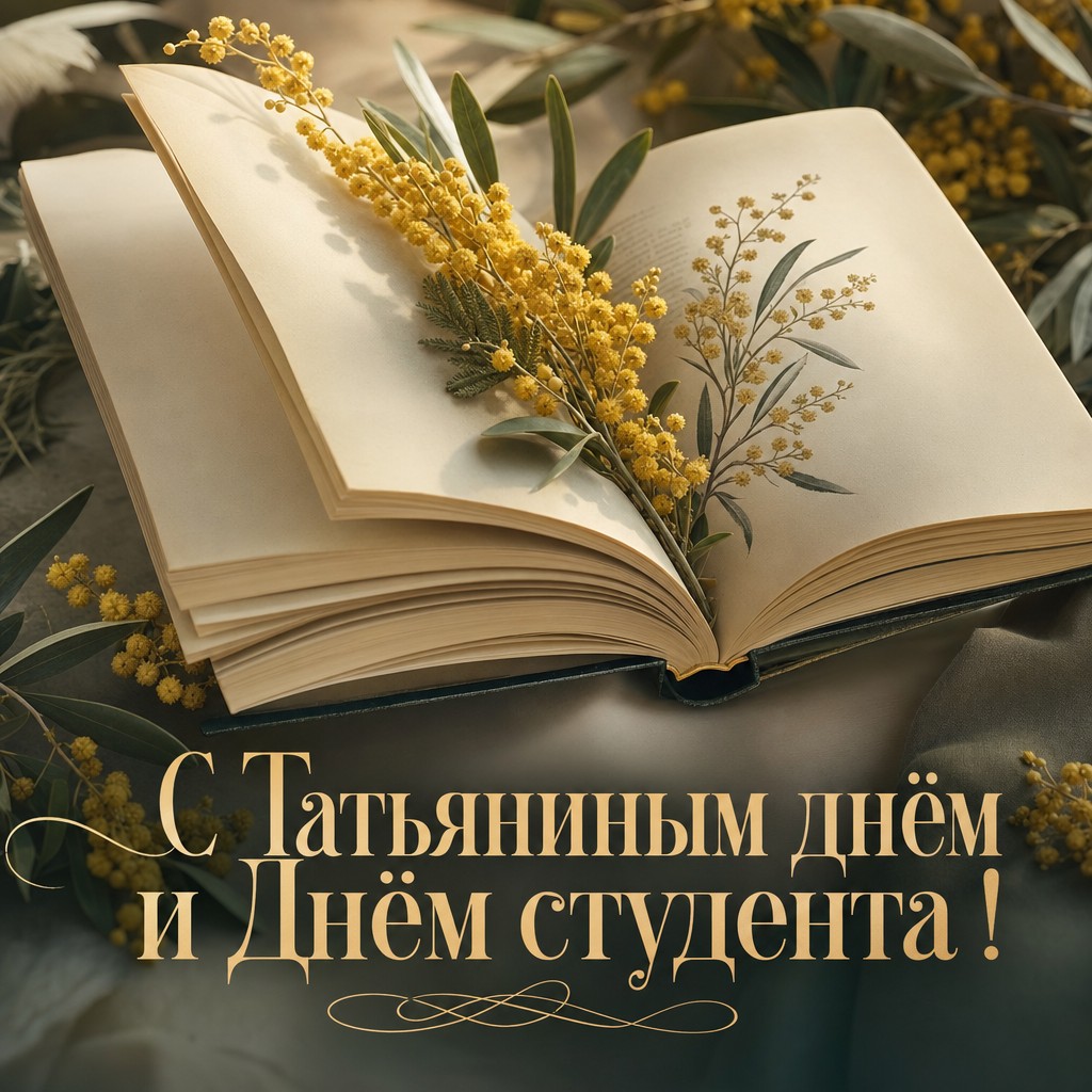Элегантная открытка к Татьяниному дню и Дню студента с мимозой, раскрытой книгой и мягким светом.