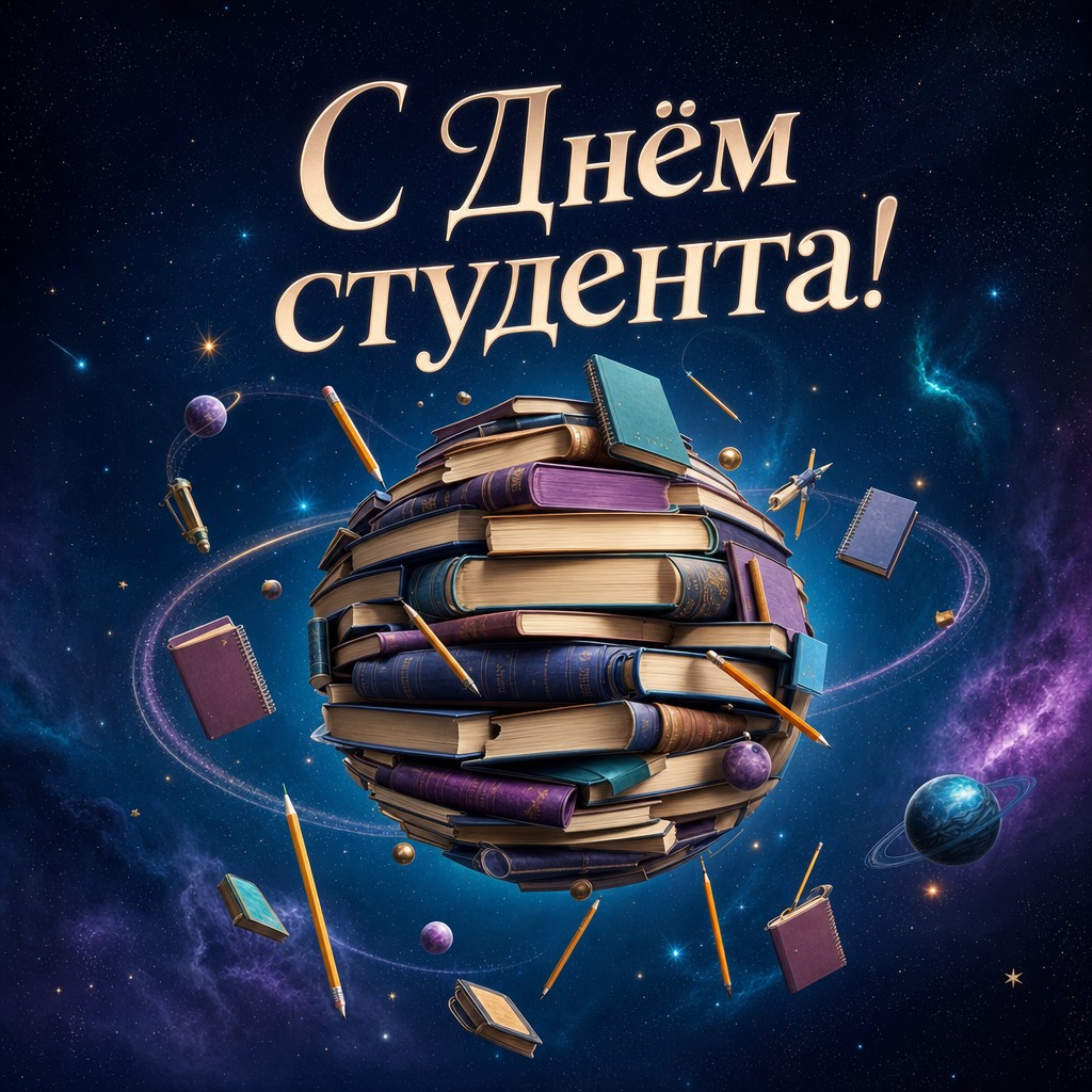 Необычная открытка на Татьянин день и День студента с планетой из книг и космическим настроением.