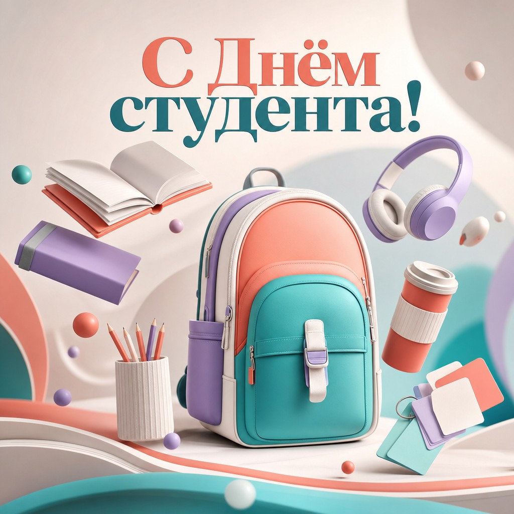 Весёлая 3D-открытка к Татьяниному дню и Дню студента с рюкзаком и учебными предметами.