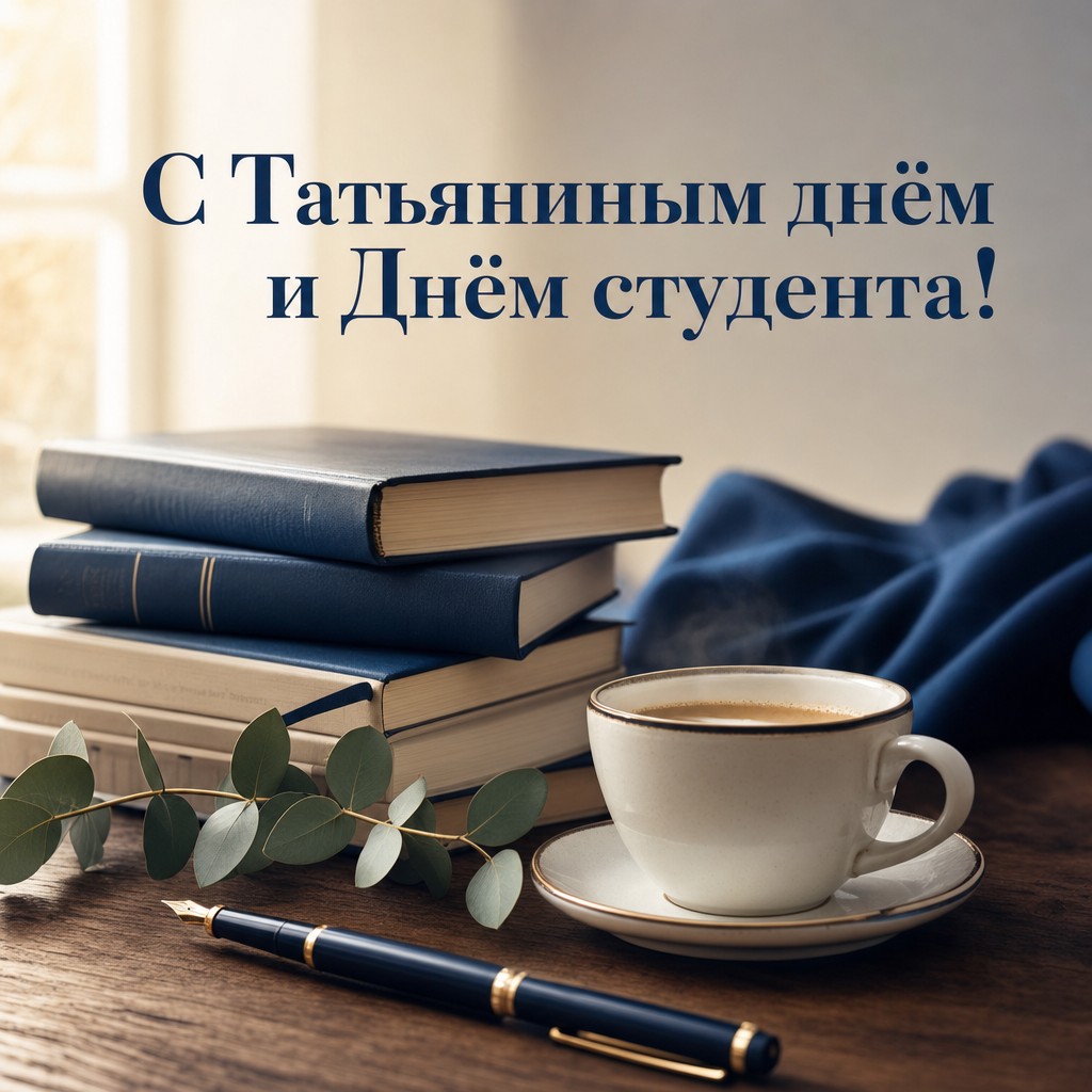 Стильная открытка к Татьяниному дню и Дню студента с учебниками, кофе и уютным зимним светом.