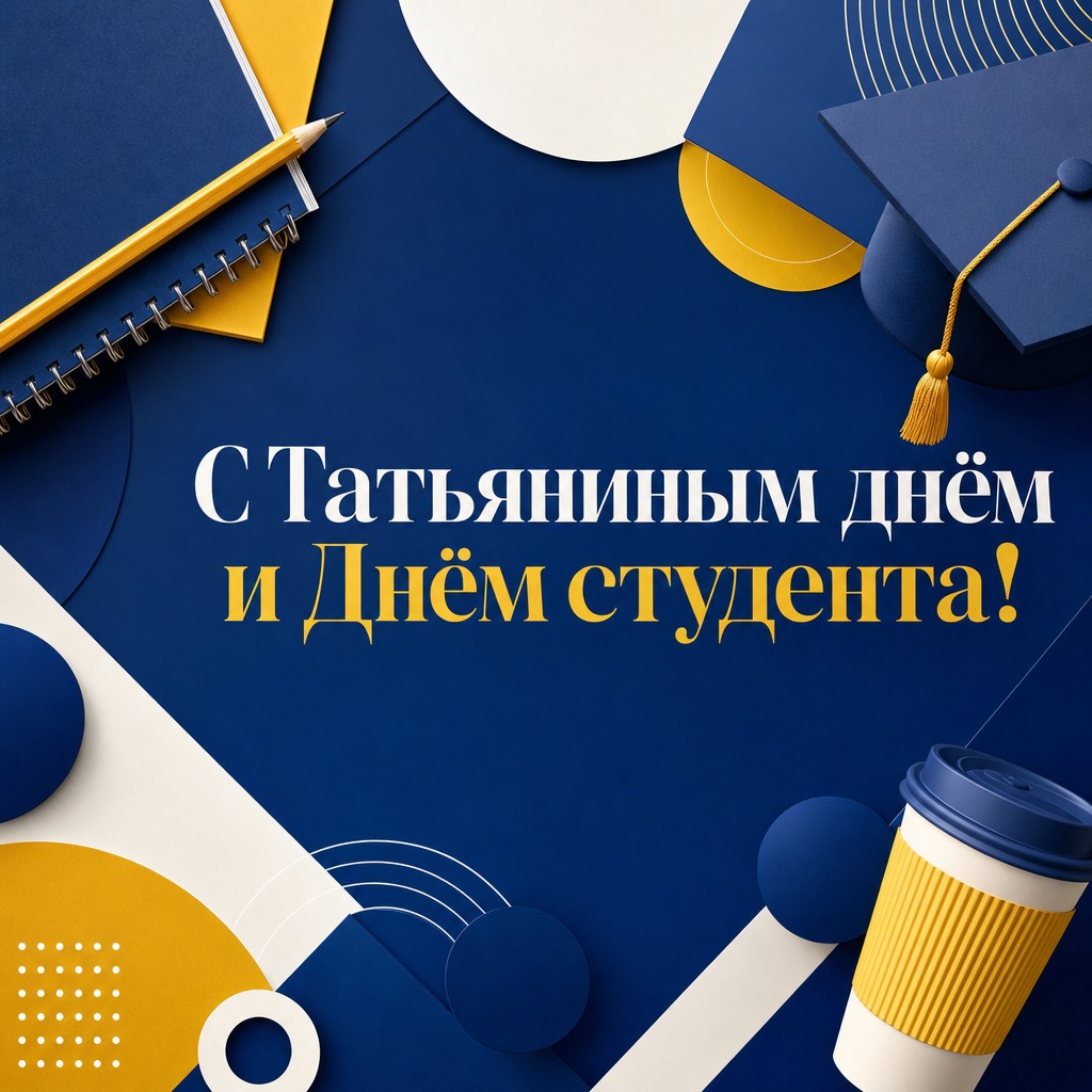 Яркая современная открытка на Татьянин день и День студента с учебными иконками и чистой графикой.