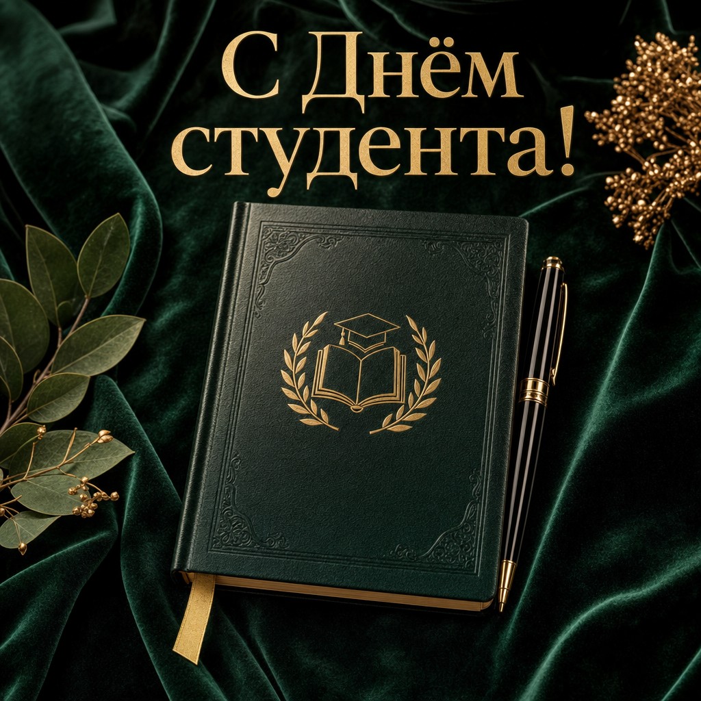 Премиальная открытка к Татьяниному дню и Дню студента с зачётной книжкой на изумрудном фоне.