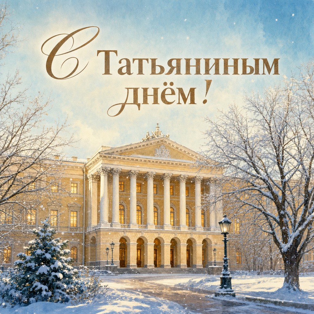 Акварельная открытка на Татьянин день и День студента с зимним университетом и падающим снегом.