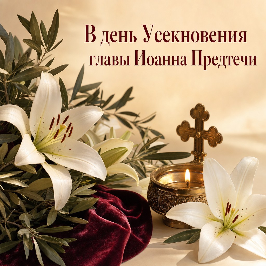 Нежная православная открытка с белыми лилиями и лампадой ко дню Усекновения главы Иоанна Предтечи.