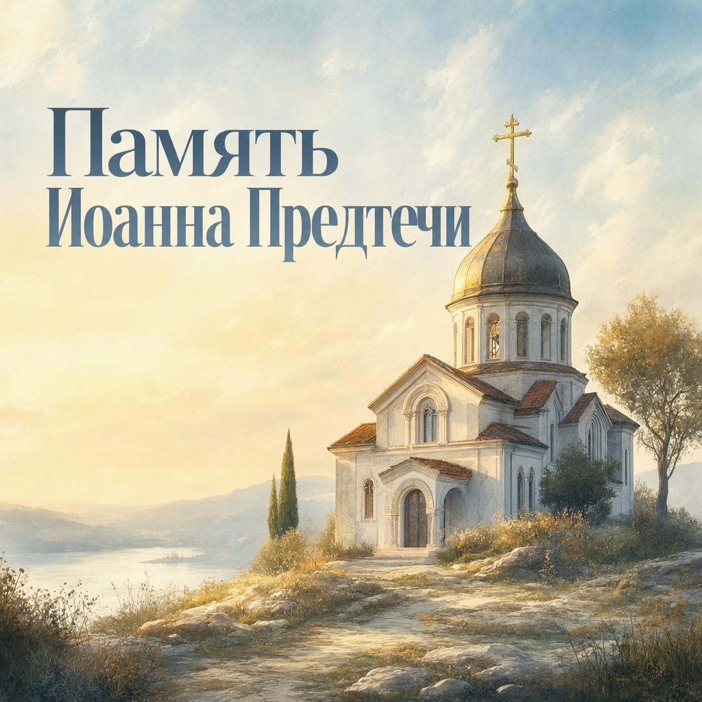 Акварельная открытка на Усекновение главы Иоанна Предтечи с тихим православным храмом на рассвете.