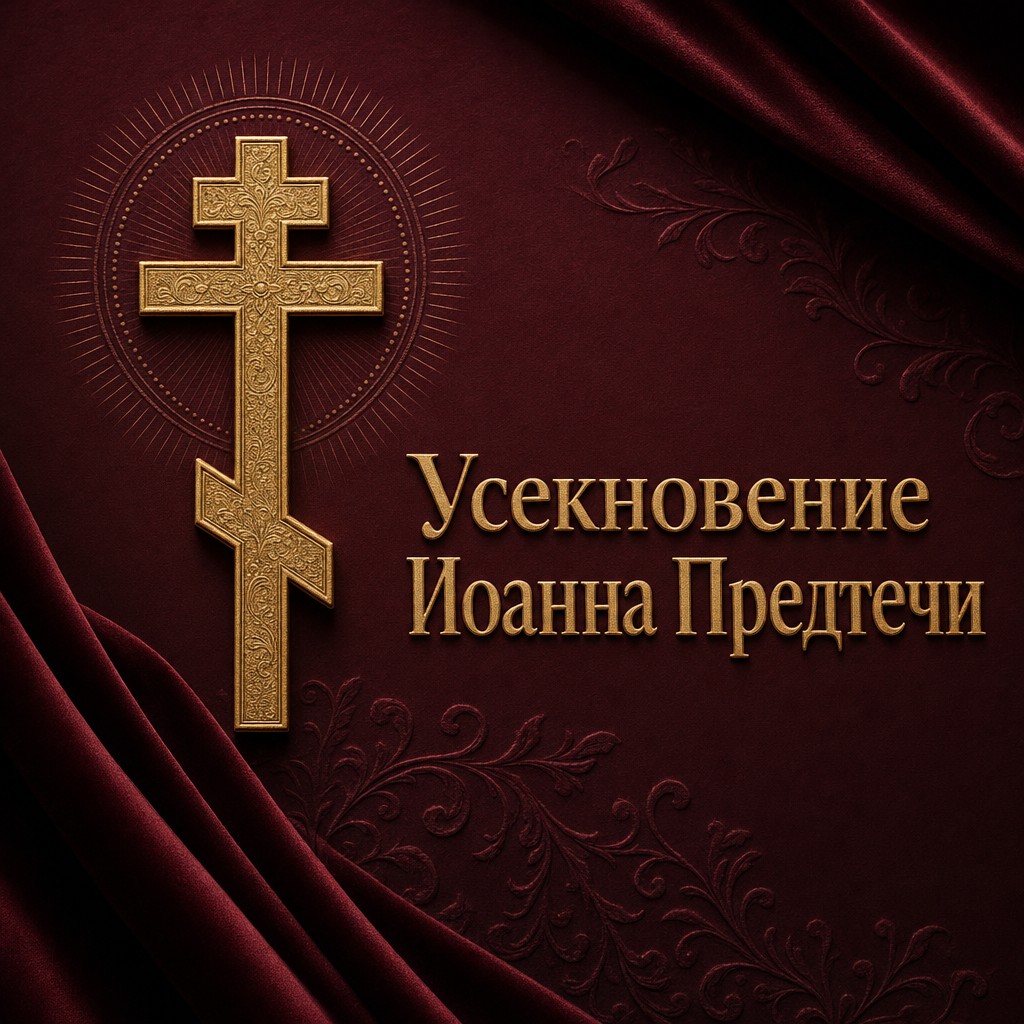 Премиальная бордовая открытка на Усекновение главы Иоанна Предтечи с золотым православным крестом.