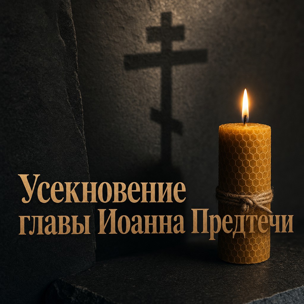 Сдержанная открытка на Усекновение главы Иоанна Предтечи с горящей свечой и тёплым светом.