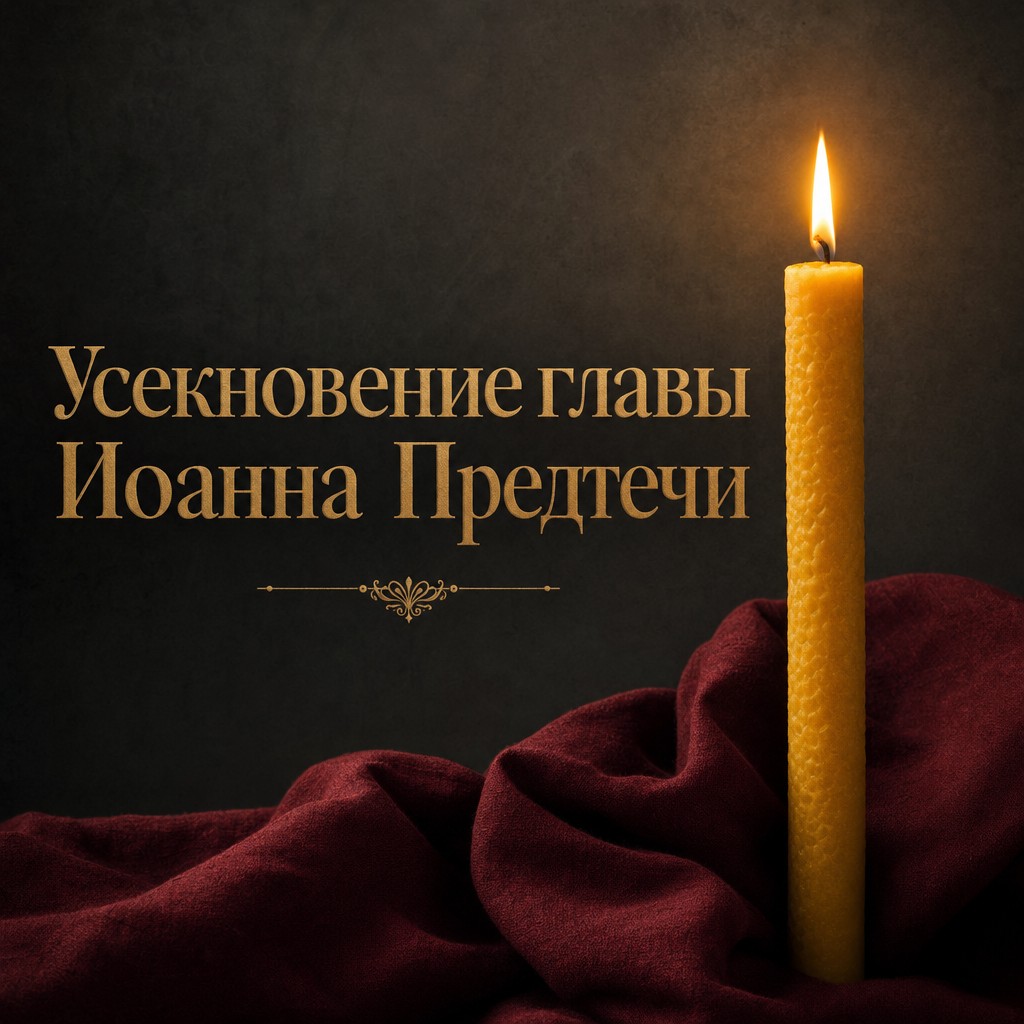 Сдержанная открытка на Усекновение главы Иоанна Предтечи со свечой памяти и тёплым светом.
