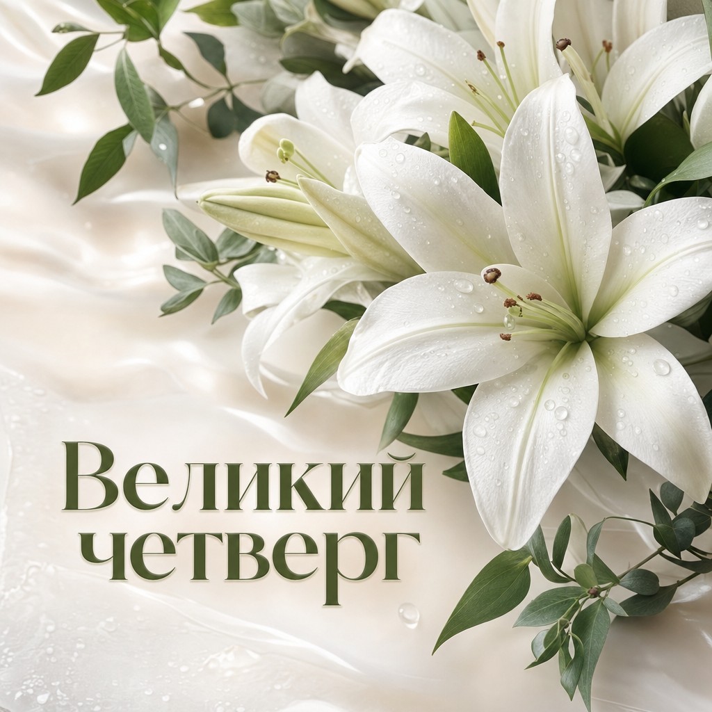 Нежная открытка на Великий четверг с белыми лилиями, светлой палитрой и спокойным настроением.