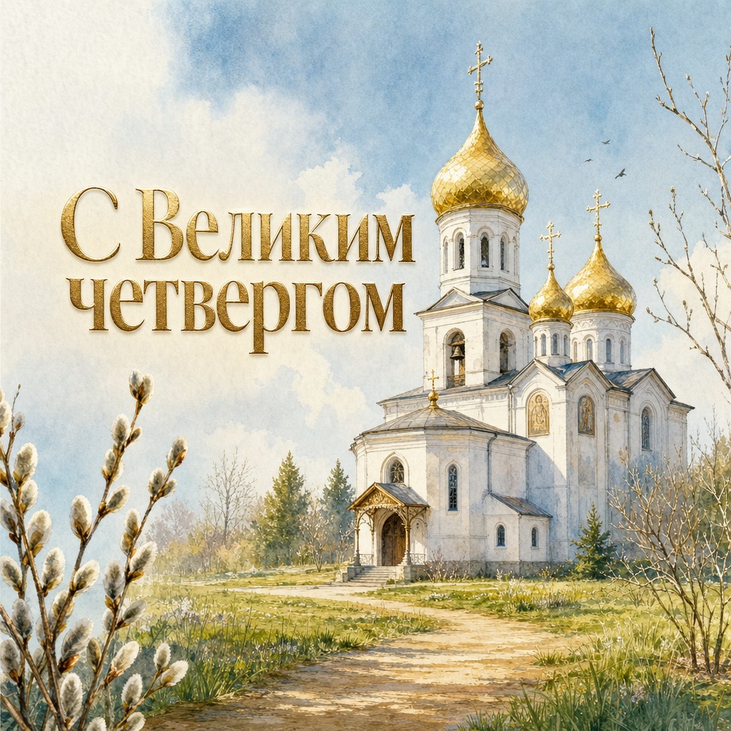 Акварельная открытка на Великий четверг с деревенским православным храмом и весенним светом.