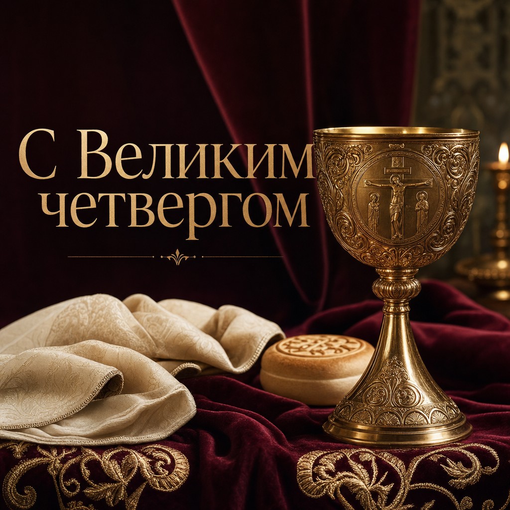 Торжественная открытка на Великий четверг с золотым потиром на бардовом бархате.
