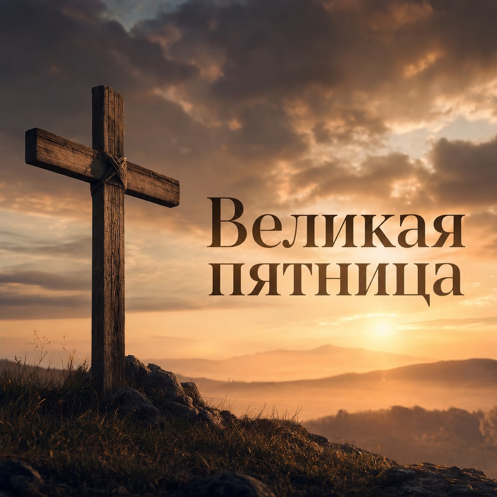 Сдержанная открытка на Великую пятницу с деревянным крестом, туманом и мягким рассветным светом.