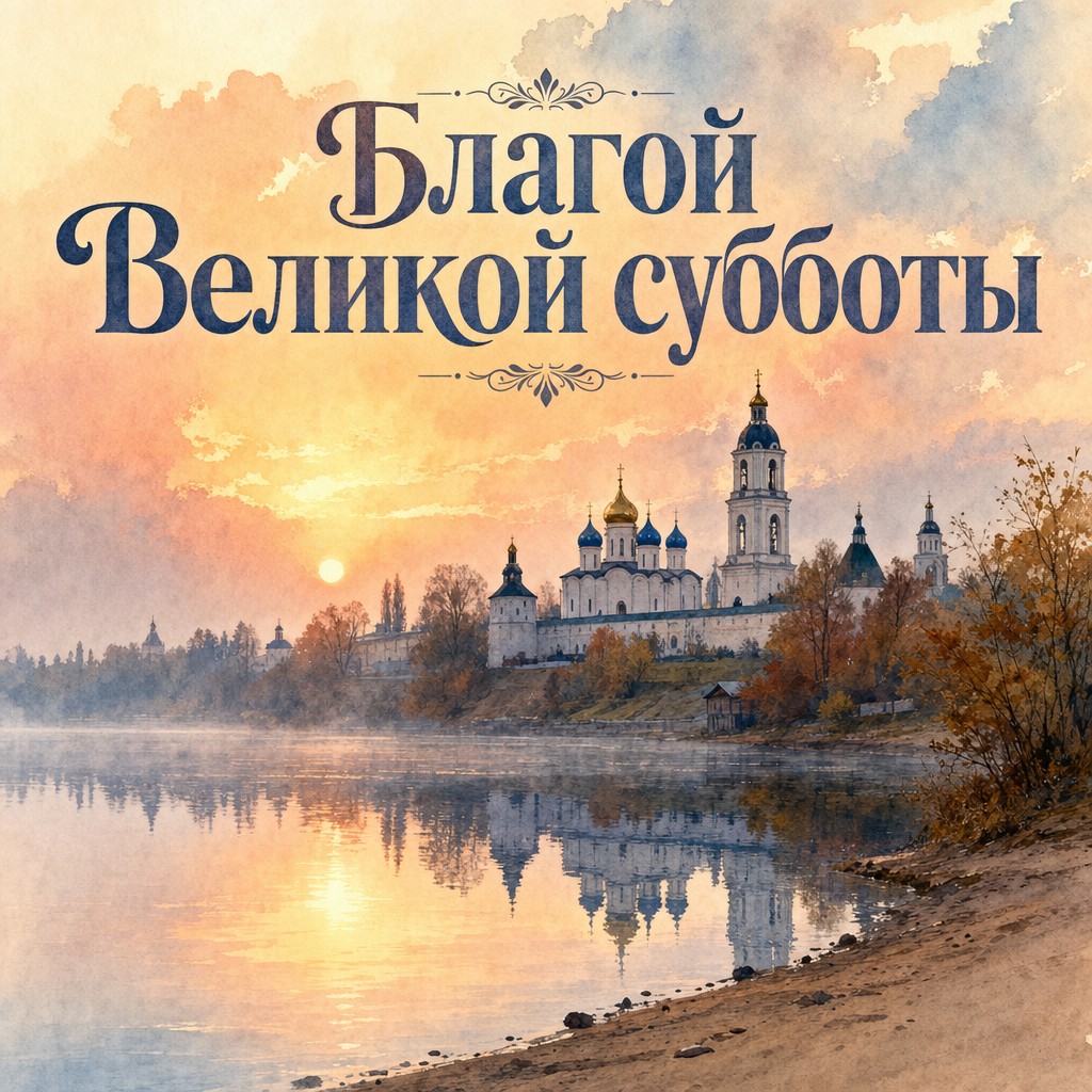 Акварельная открытка на Великую субботу с монастырём, тихой водой и мягким рассветом.