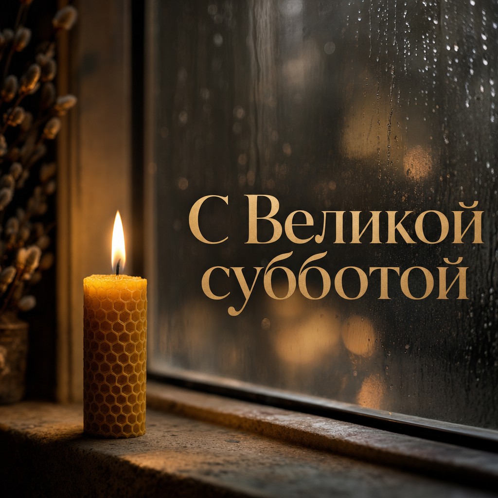 Премиальная открытка на Великую субботу с тёплой свечой у окна и спокойным светом.