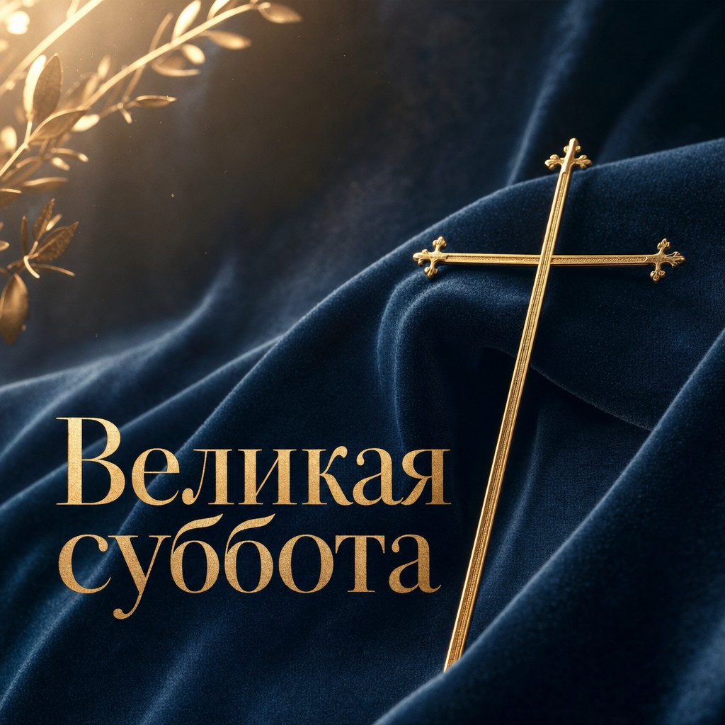 Стильная открытка на Великую субботу с золотым крестом на тёмном бархатном фоне.