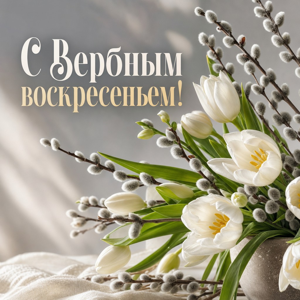 Элегантная открытка на Вербное воскресенье с белыми тюльпанами и веточками вербы.