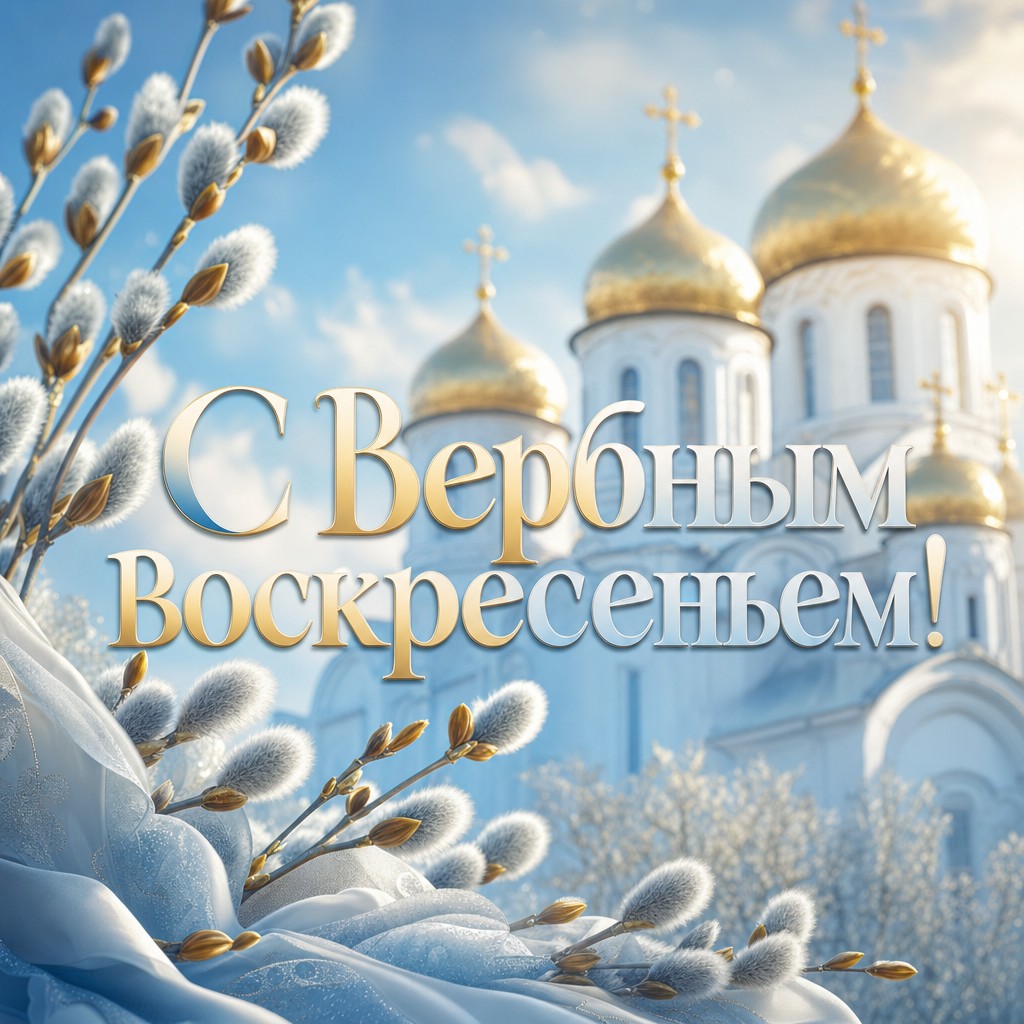 Праздничная открытка на Вербное воскресенье с православным храмом и ветвями вербы.