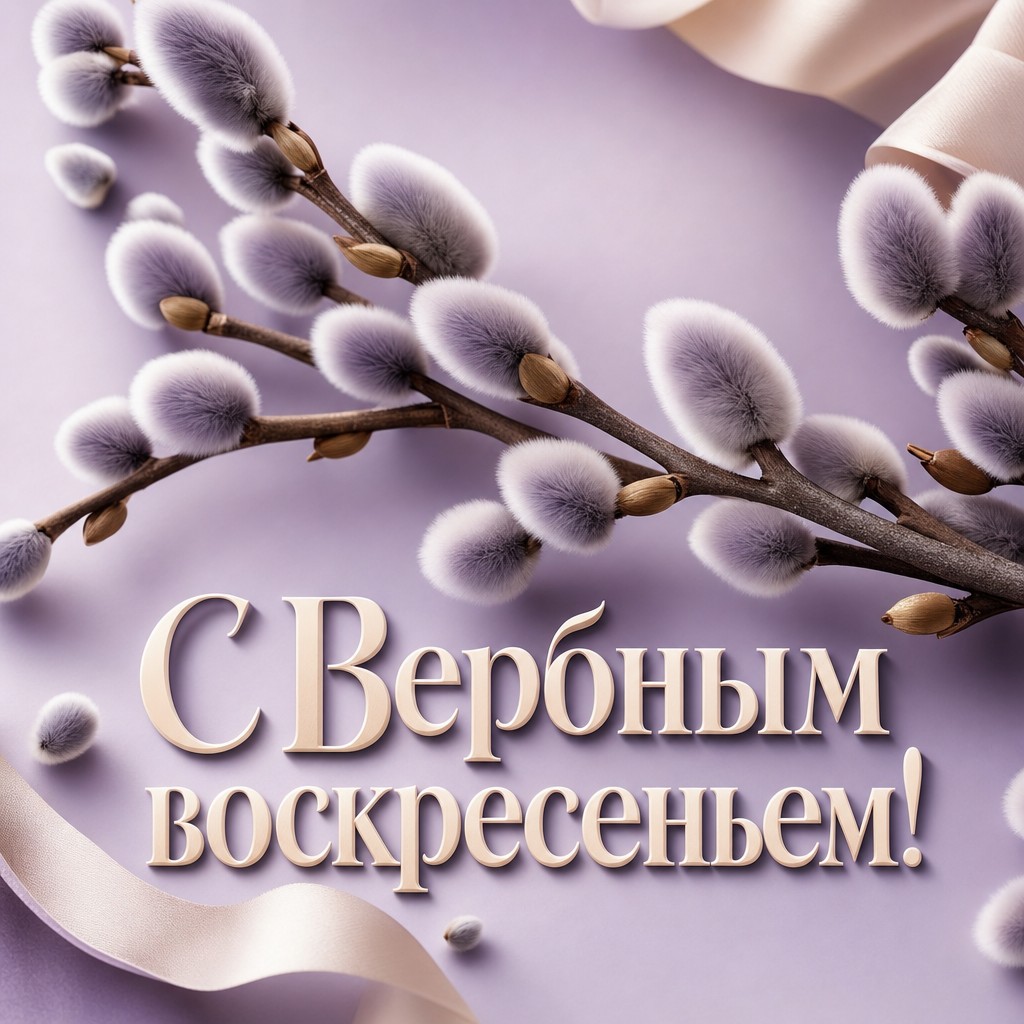 Современная 3D-открытка на Вербное воскресенье с пушистыми веточками вербы.