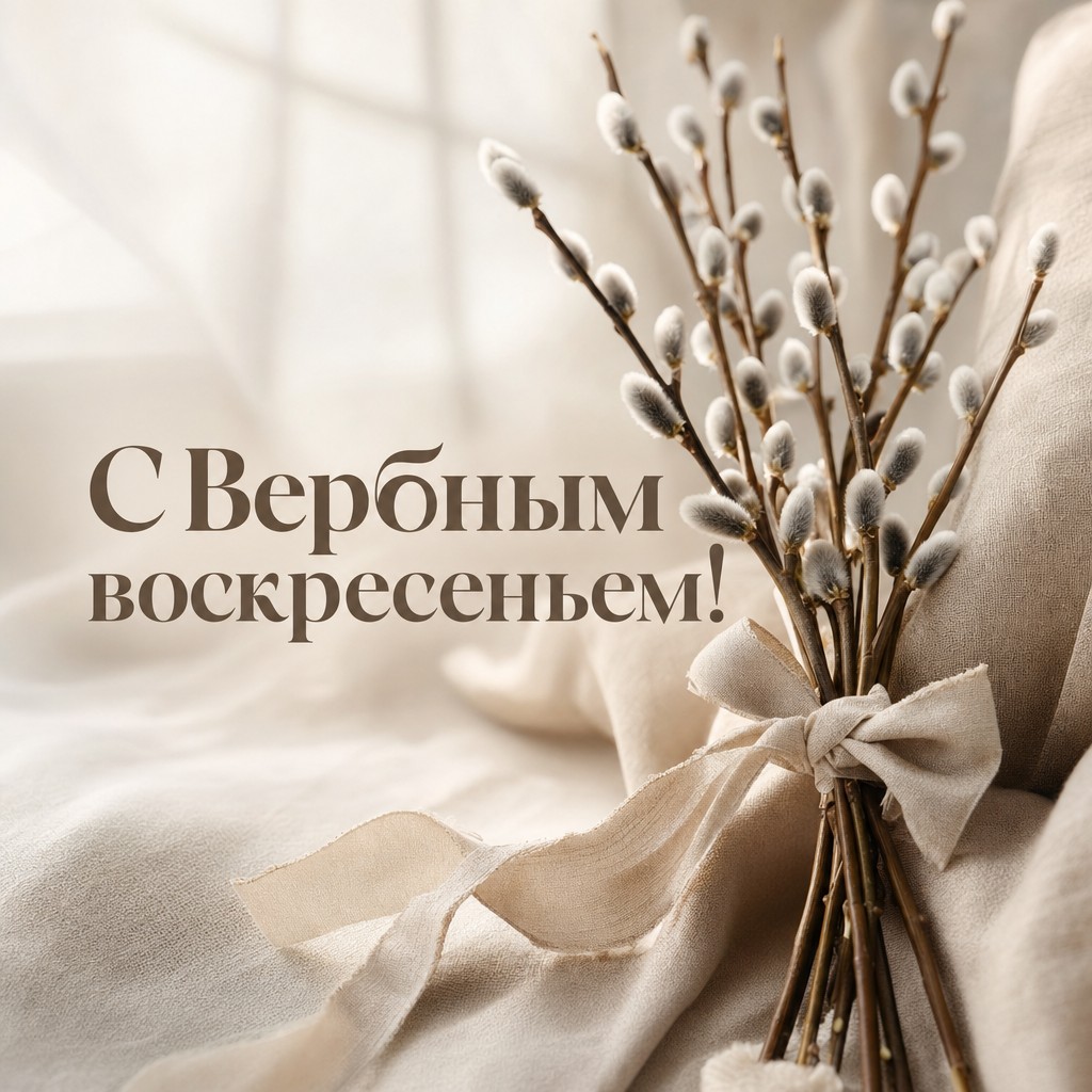 Нежная открытка на Вербное воскресенье с пучком пушистой вербы на льняной ткани.