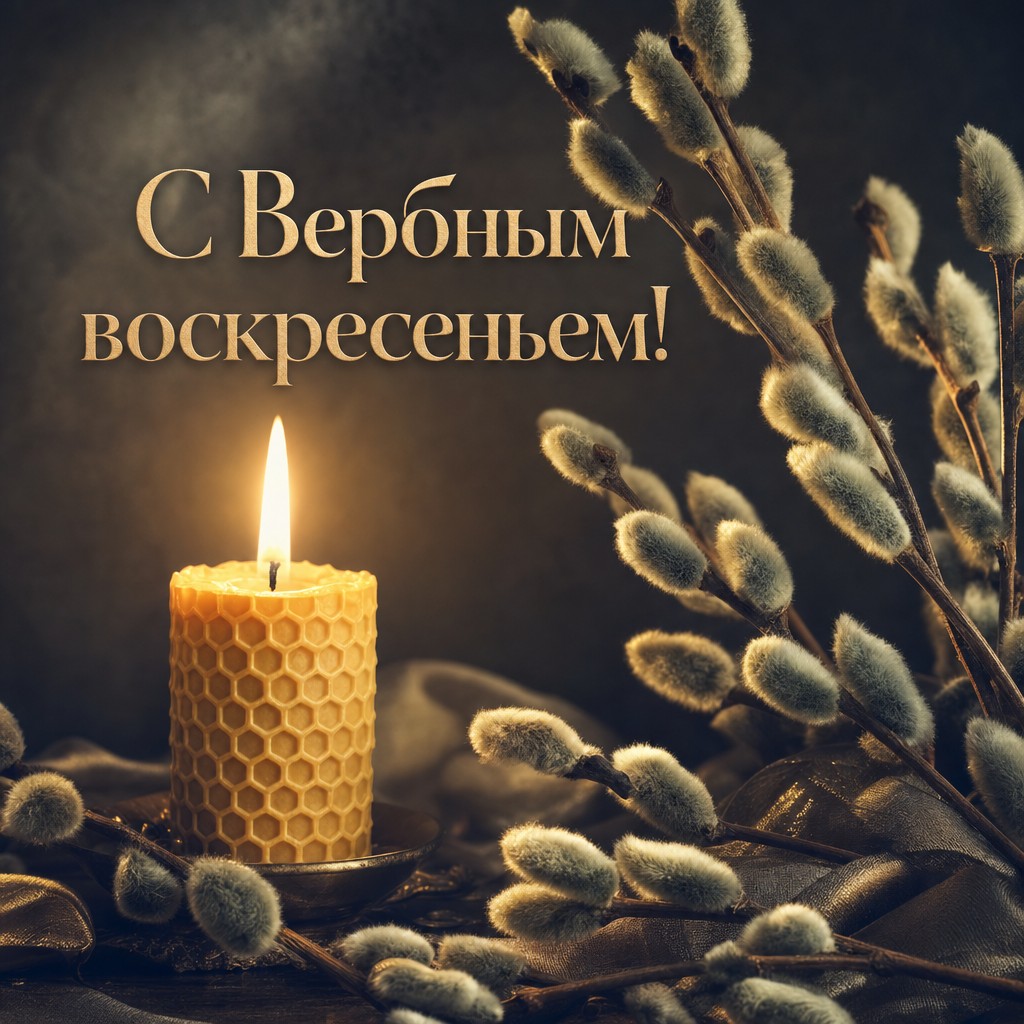 Теплая праздничная открытка с веточками вербы и свечой для Вербного воскресенья.
