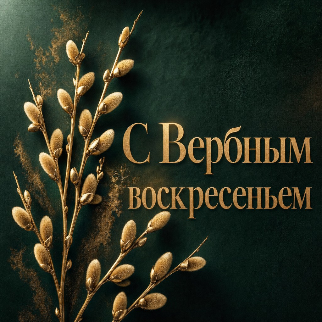 Элегантная открытка на Вербное воскресенье с золотой ветвью вербы на изумрудном фоне.