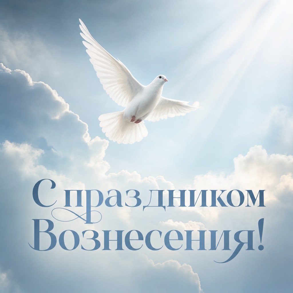Минималистичная открытка к Вознесению Господню с белым голубем, облаками и спокойным небом.