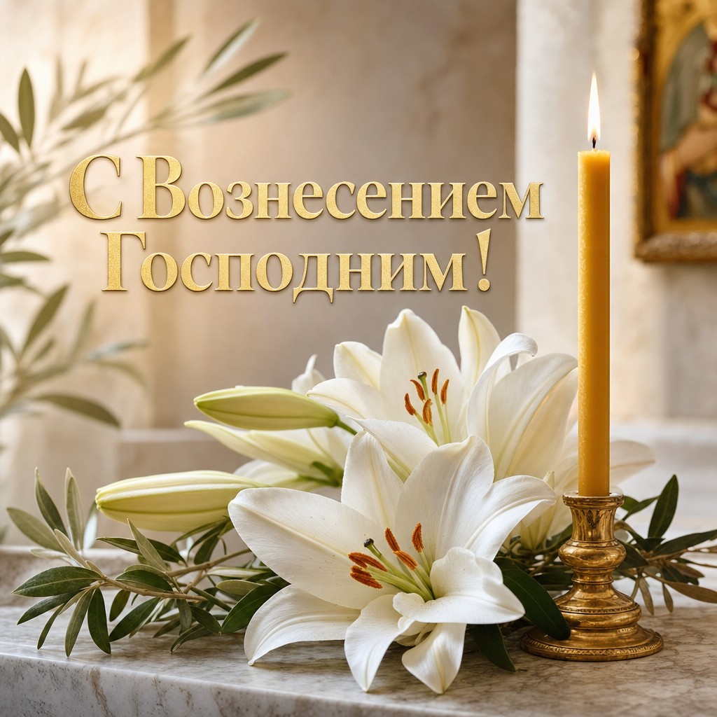 Нежная открытка к Вознесению Господню с белыми лилиями, свечой и мягким золотым светом.