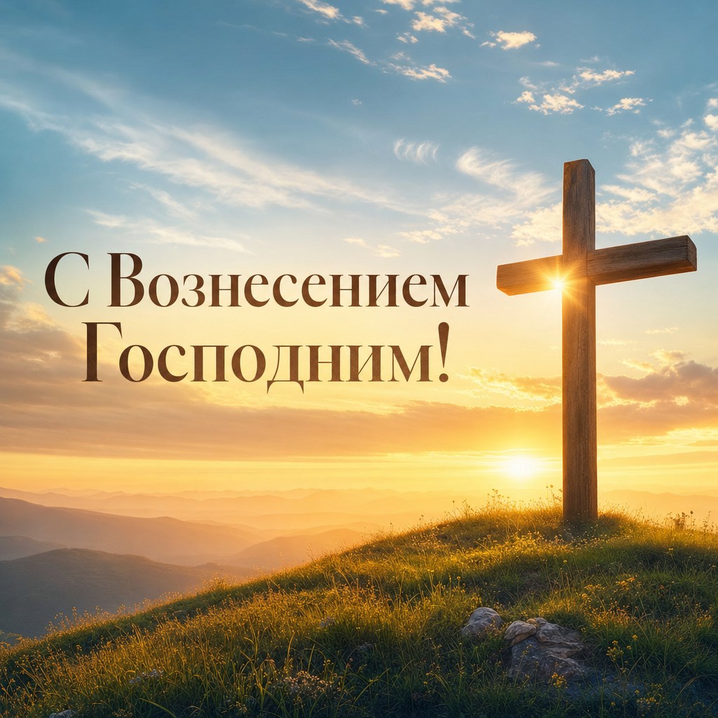 Духовная открытка к Вознесению Господню с деревянным крестом, рассветом и мягким небом.