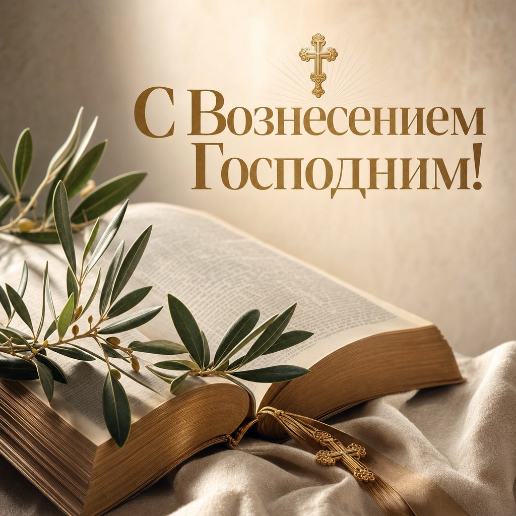 Элегантная открытка к Вознесению Господню с Евангелием, оливковой ветвью и теплым светом.