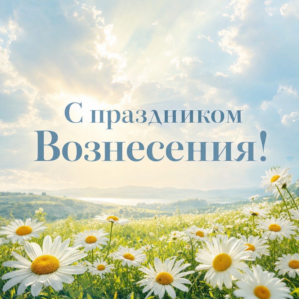 Нежная открытка к Вознесению Господню с ромашковым полем, пастельным небом и лучами солнца.