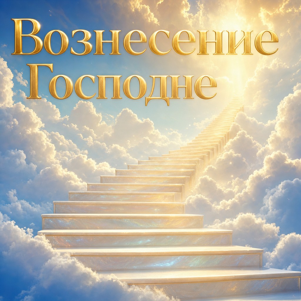 Современная открытка к Вознесению Господню с сияющими ступенями, облаками и небесным светом.