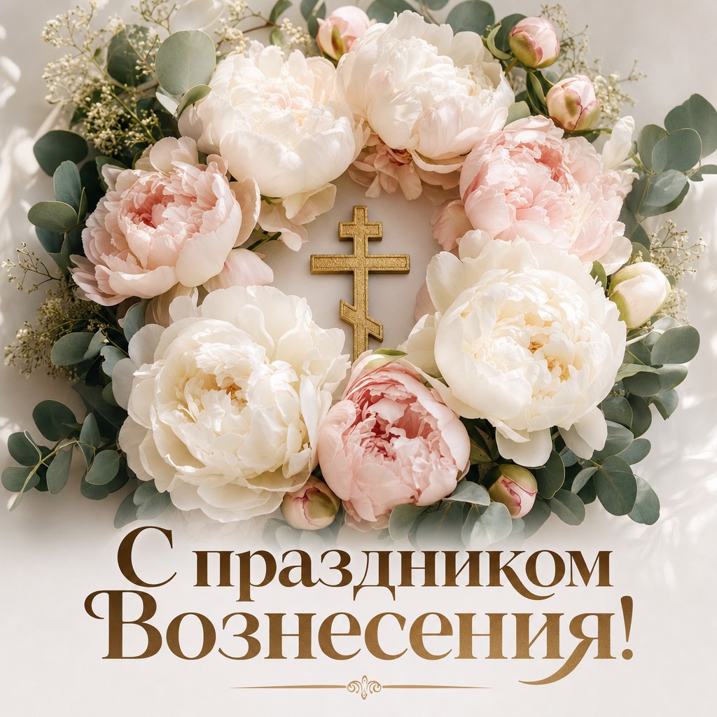 Цветочная открытка к Вознесению Господню с золотым крестом, пионами и нежной палитрой.