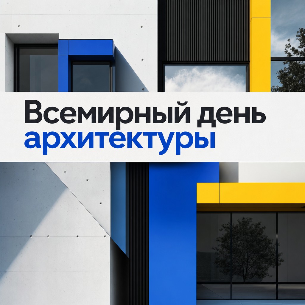 Современная графичная открытка с модульным фасадом и яркими акцентами на Всемирный день архитектуры.